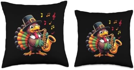 Funny Thanksgiving Turkey Playing Saxophone Music Lover Throw Pillow - Image 3