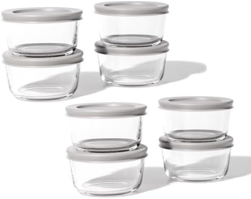 16-Piece Glass Food Storage Containers Set (8 Containers + 8 BPA-Free Lids) | 7-Ounce, Leakproof | Microwave, Freezer, Oven & Dishwasher Safe | Ideal for Meal Prep & Pantry Organization, Grey