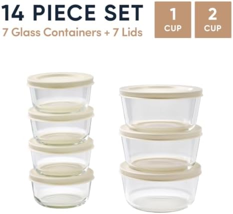14-Piece Glass Food Storage Containers Set (7 Containers + 7 BPA-Free Lids) | 1-Cup & 2-Cup, Leakproof | Microwave, Freezer, Oven & Dishwasher Safe | Ideal for Meal Prep & Pantry Organization, Beige