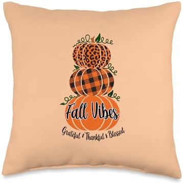 Spot & Tiger Thanksgiving Stacked Pumpkins Fall Vibes Grateful Thankful Blessed Autumn Throw Pillow, 16x16, Multicolor by Unknown