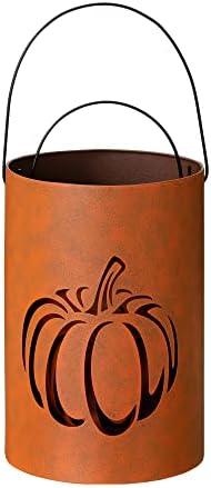 Glitzhome 2 Pack Halloween Cutout Pumpkin Lantern Candle Holder Bucket Thanksgiving Metal Standing or Hanging Porch Signs Decor, Orange - Image 2