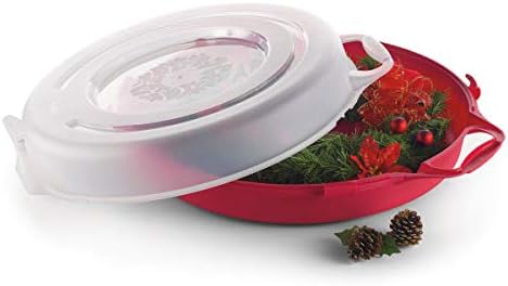 HOMZ Set of 3 Holiday Wreath Plastic Storage Containers, Holds Up to 24” Diameter, Secure Latching Lid and Easy Grip Handle, Stackable and Nestable, Red/Clear | Stackable Seasonal Decoration Organizer Bins with Lids and Handles for Christmas Wreaths an...