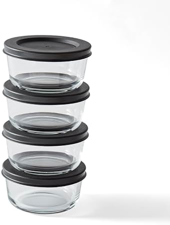 8-Piece Glass Food Storage Containers Set (4 Containers + 4 BPA-Free Lids) | 1-Cup, Leakproof | Microwave, Freezer, Oven & Dishwasher Safe | Ideal for Meal Prep & Pantry Organization, Black
