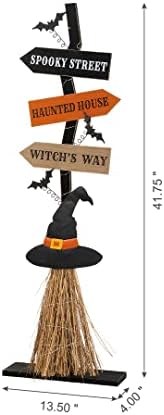 Glitzhome 42" H Wooden Witch's Broom Porch Decor, Farmhouse Halloween Yard Sign Rustic Style Directional Porch Sign for Home Halloween Party Decor - Image 2