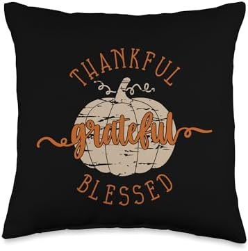 "Thankful Grateful Blessed" Cute Pumpkin Thanksgiving Throw Pillow by Unknown