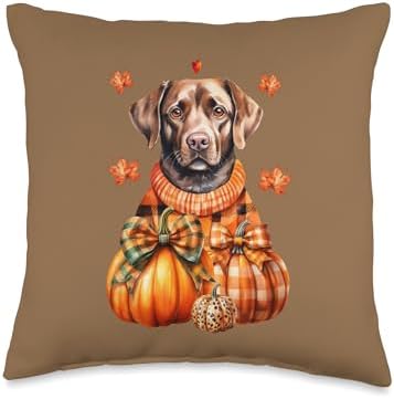 Chocolate Labrador Dog Pumpkin Autumn Fall Thanksgiving Gift Throw Pillow by Unknown