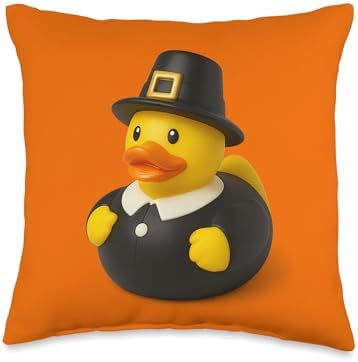 Rubber Duck Pilgrim Thanksgiving Ducky Men Women Kids Throw Pillow by Unknown