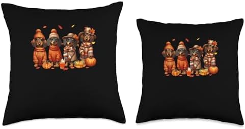 Group Dachshunds Thanksgiving Pilgrim Fall Leaves Pumpkins Throw Pillow - Image 3