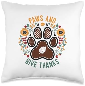 Paws and Give Thanks Dog Paw Floral Thanksgiving Day Throw Pillow by Unknown
