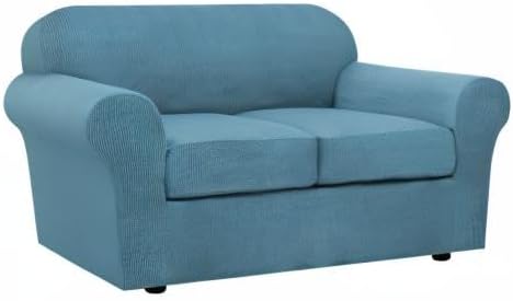H.VERSAILTEX 3PC Stretch Sofa Covers for Loveseat - Base & 2 Seat Cushions, Thicker Jacquard Fabric (Medium, Storm Blue)