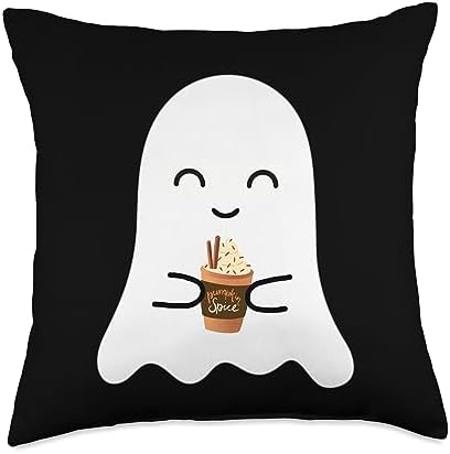 Cute Ghost Sipping Pumpkin Spice Fall Thanksgiving Spooky Season Cute Little Ghost Pumpkin Spice Latte Lover Throw Pillow, 18x18, Multicolor by Unknown