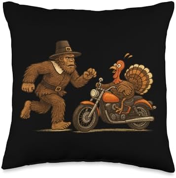 Pilgrim Sasquatch Chasing Turkey Biker Thanksgiving Humor Throw Pillow by Unknown