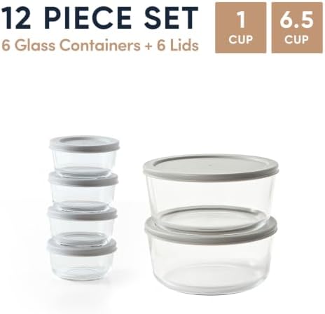 12-Piece Glass Food Storage Containers Set (6 Containers + 6 BPA-Free Lids) | 1-Cup & 6.5-Cup, Leakproof | Microwave, Freezer, Oven & Dishwasher Safe | Ideal for Meal Prep & Pantry Organization, Grey