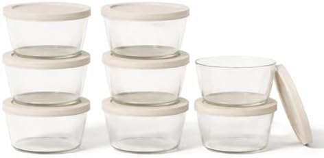 16-Piece Glass Food Storage Containers Set (8 Containers + 8 BPA-Free Lids) | 1-Cup, Leakproof | Microwave, Freezer, Oven & Dishwasher Safe | Ideal for Meal Prep & Pantry Organization, Beige