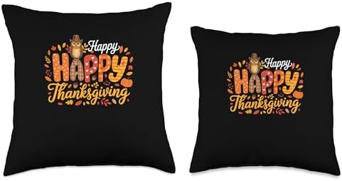 Happy Thanksgiving Colorful Fall Leaves Owl Pilgrim Throw Pillow - Image 3
