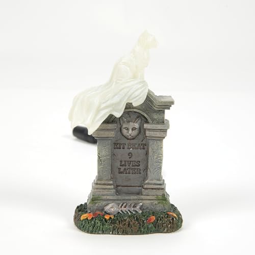 Department 56 Village Collection Accessories Halloween Kit E. Kat Cat Ghost on Tombstone Lit Figurine, 3.8 Inch, Multicolor