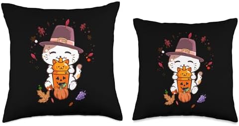 Cute Thanksgiving Pilgrim Kawaii Cat Drinking Pumpkin Spice Throw Pillow - Image 3