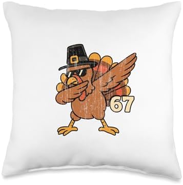 Six Seven 67 Thanksgiving Funny Thankful Turkey Dabbing Throw Pillow by Unknown
