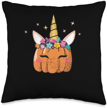 Autumn Foliage Pumpkin Decor Fall Leaves Shirt Cute Unicorn Pumpkin Halloween Thanksgiving Fall Girls Women Throw Pillow, 16x16, Multicolor by Unknown