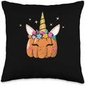 Autumn Foliage Pumpkin Decor Fall Leaves Shirt Cute Unicorn Pumpkin Halloween Thanksgiving Fall Girls Women Throw Pillow, 16x16, Multicolor by Unknown