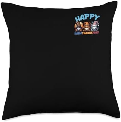 Happy HalloThanksMas Gnome Halloween Thanksgiving Christmas Throw Pillow by Unknown