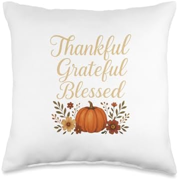 Thankful Grateful Blessed Pumpkin Floral Fall Thanksgiving Throw Pillow by Unknown