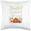 Thankful Grateful Blessed Pumpkin Floral Fall Thanksgiving Throw Pillow by Unknown