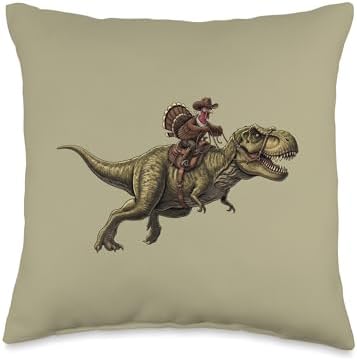 Cowboy Turkey Riding Dinosaur Thanksgiving Throw Pillow by Unknown