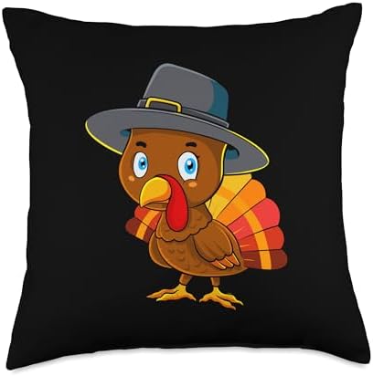 Turkey Pilgrim Cute Thanksgiving Men Women Kids Throw Pillow by Unknown