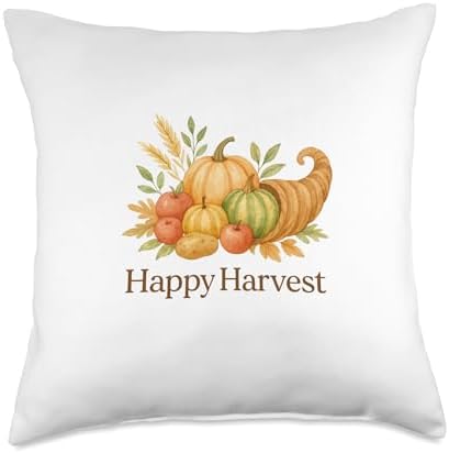 Boho Watercolor Cornucopia Happy Harvest Thanksgiving Throw Pillow by Unknown