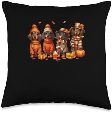 Group Dachshunds Thanksgiving Pilgrim Fall Leaves Pumpkins Throw Pillow by Unknown