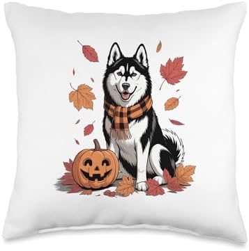 Siberian Husky Dog Lover Pumpkin Fall Autumn Thanksgiving Throw Pillow by Unknown