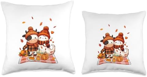 Cow with Boo Halloween Thanksgiving Fall Leaves Pumpkins Throw Pillow - Image 3