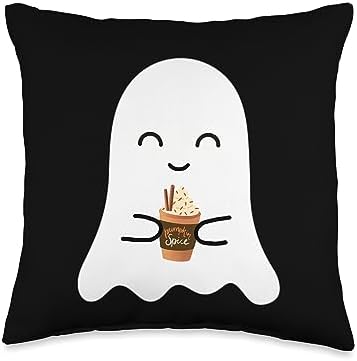 Cute Ghost Sipping Pumpkin Spice Fall Thanksgiving Spooky Season Cute Little Ghost Pumpkin Spice Latte Lover Throw Pillow, 16x16, Multicolor by Unknown