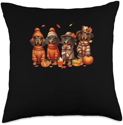 Group Dachshunds Thanksgiving Pilgrim Fall Leaves Pumpkins Throw Pillow by Unknown