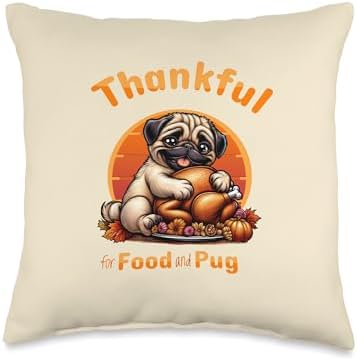 Thanksgiving Pug, funny turkey day, cute fall pug Throw Pillow by Unknown
