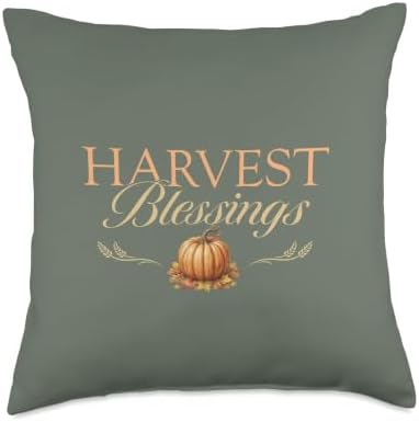 Harvest Blessings Pumpkin Wheat Fall Autumn Thanksgiving Throw Pillow by Unknown
