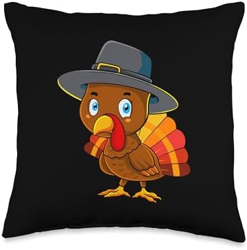 Turkey Pilgrim Cute Thanksgiving Men Women Kids Throw Pillow by Unknown
