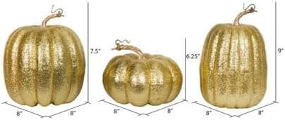 Vickerman 8" Gold Pumpkins Assorted Set of 3. Three Pieces Assorted, Sizes: 9"(W) x 8"(H),7.5"(W) x 8"(H), 6.25"(W) x 8"(H). Fabric Pumpkin with styrofoam Inner. - Image 2