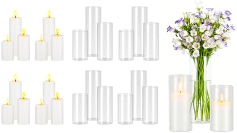 VEVOR Pillar Candles and Glass Vases Set 24 Pcs, Clear Cylinder Hurricane Candle Holders for Wedding Centerpieces, Tall Vase for Table Decor, Wedding Party, Thanksgiving,White (2.56" x 4.7",5.9",7.9") by VEVOR