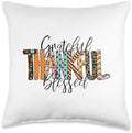 Grateful Thankful Blessed Fall Autumn Thanksgiving Pattern Throw Pillow by Unknown