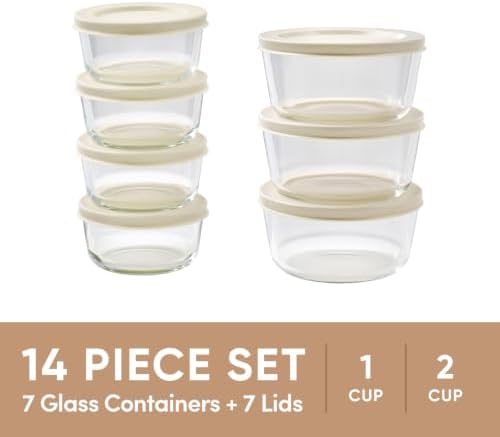 14-Piece Glass Food Storage Containers Set (7 Containers + 7 BPA-Free Lids) | 1-Cup & 2-Cup, Leakproof | Microwave, Freezer, Oven & Dishwasher Safe | Ideal for Meal Prep & Pantry Organization, Beige