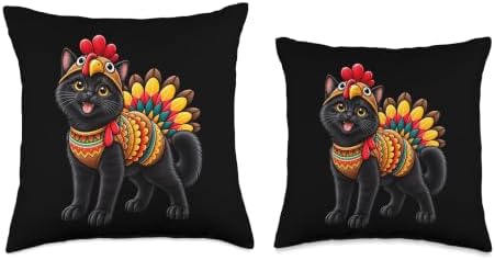 Funny Black Cat Turkey Costume Thanksgiving Mom Dad Throw Pillow - Image 3