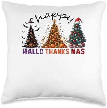 halloween thanksgiving christmas happy hallothanksmas trees Throw Pillow by Unknown