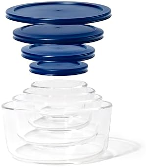 8-Piece Glass Food Storage Containers Set (4 Containers + 4 Lids) | Round, Nesting, Microwave & Dishwasher Safe | BPA-Free, Space-Saving | Blue Lids for Pantry & Kitchen Organization, Blue