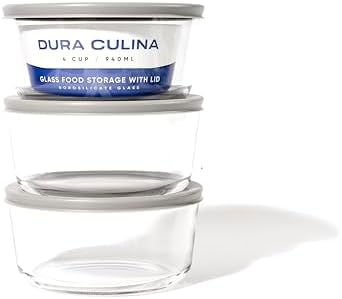 6-Piece Glass Food Storage Containers Set (3 Containers + 3 BPA-Free Lids) | 4-Cup, Leakproof | Microwave, Freezer, Oven & Dishwasher Safe | Ideal for Meal Prep & Pantry Organization, Grey
