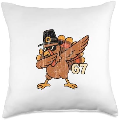 Six Seven 67 Thanksgiving Funny Thankful Turkey Dabbing Throw Pillow by Unknown