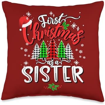 Family Happy Hallothanksmas Thanksgiving Christmas First Christmas As A Sister Family Plaid Pajamas Xmas Lights Throw Pillow, 16x16, Multicolor by Unknown