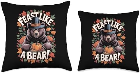 Thanksgiving Brown Bear Grizzly Pilgrim Feast Like A Bear Throw Pillow - Image 3