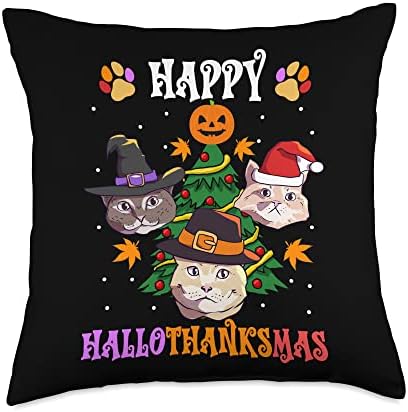 Halloween Thanksgiving Christmas Cats Happy HalloThanksMas Throw Pillow by Unknown
